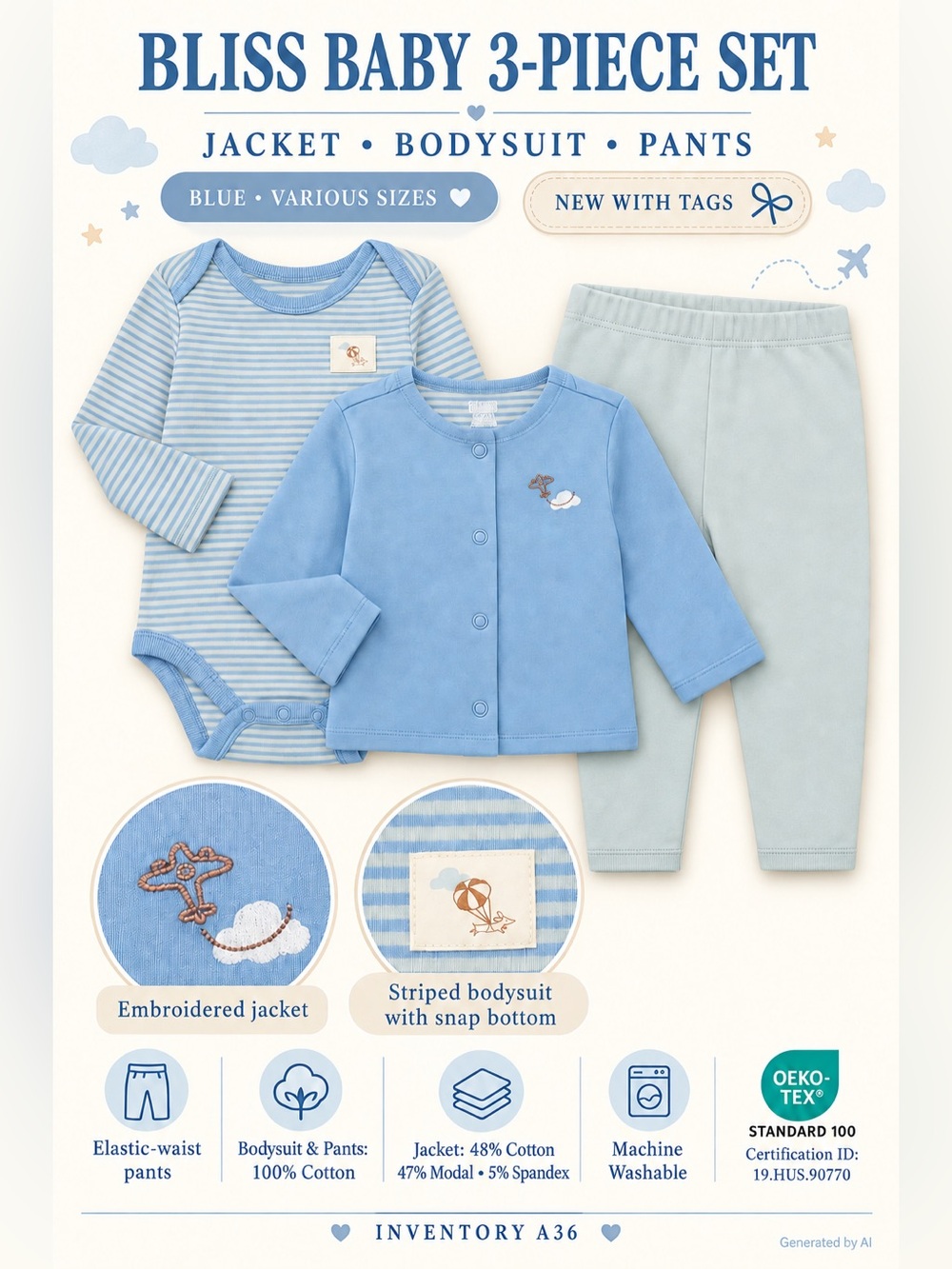 BLISS BABY 3-PIECE PANTS SET – BLUE VARIOUS SIZES (NEW WITH TAGS) A36